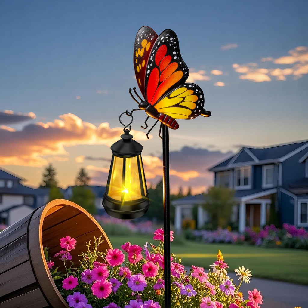 ZFNN Solar Garden Decor Lights Outdoor Waterproof, Metal Butterfly Stakes with Solar Lanterns, Decorative Yard Art for Outside Patio Lawn Ornaments, Gifts for Women Mom（2Pack）