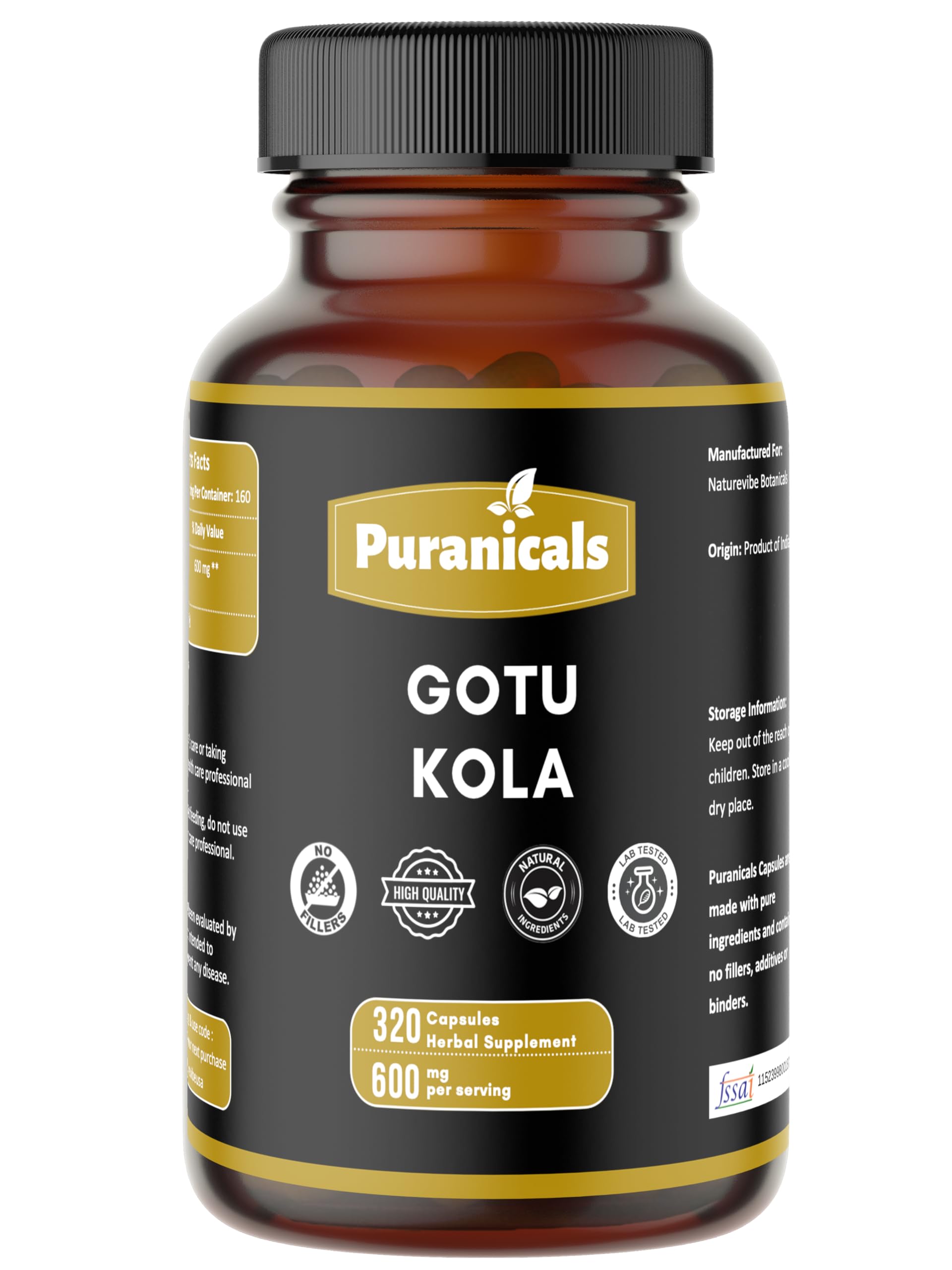 Puranicals Gotu Kola Premium 320 Capsules Non GMO and Gluten Free | Herbal Supplement | 600 mg Per Serving | Made with 100% Pure Gotu Kola Powder