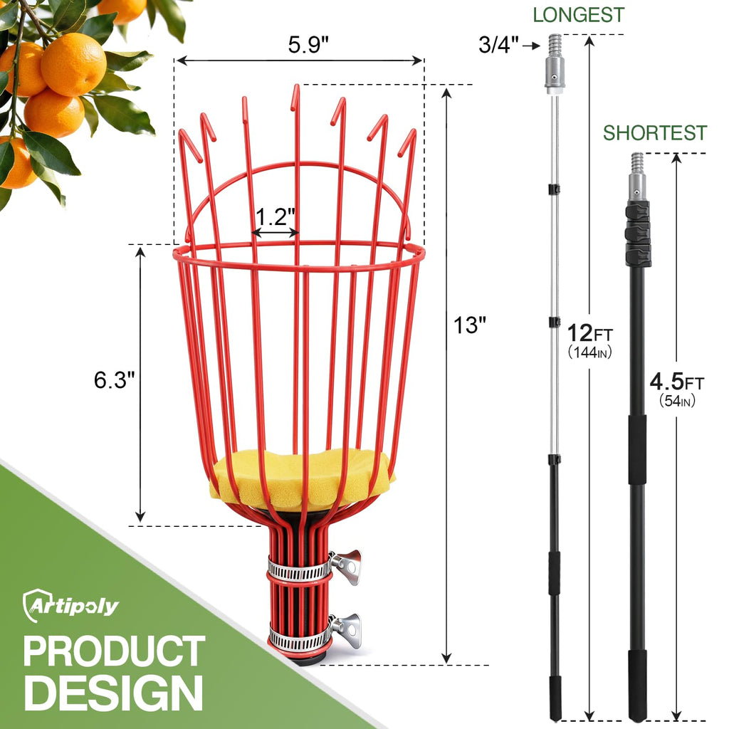ARTIPOLY 20FT Reach Telescoping Fruit Picker, 4-12FT Adjustable Aluminum Pole with Basket, Lightweight Heavy Duty Tool for Harvesting Apples Mangoes Avocados Pears Lemons