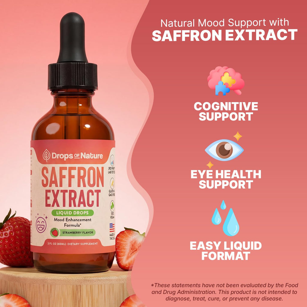 Saffron Supplements for Kids & Adults – Made with Pure Saffron Extract – Vegan, Fast Absorbing – Mix with Drinks – Supports Eye Health, Emotional Balance and Antioxidant Level Boost (Strawberry, 60mL)