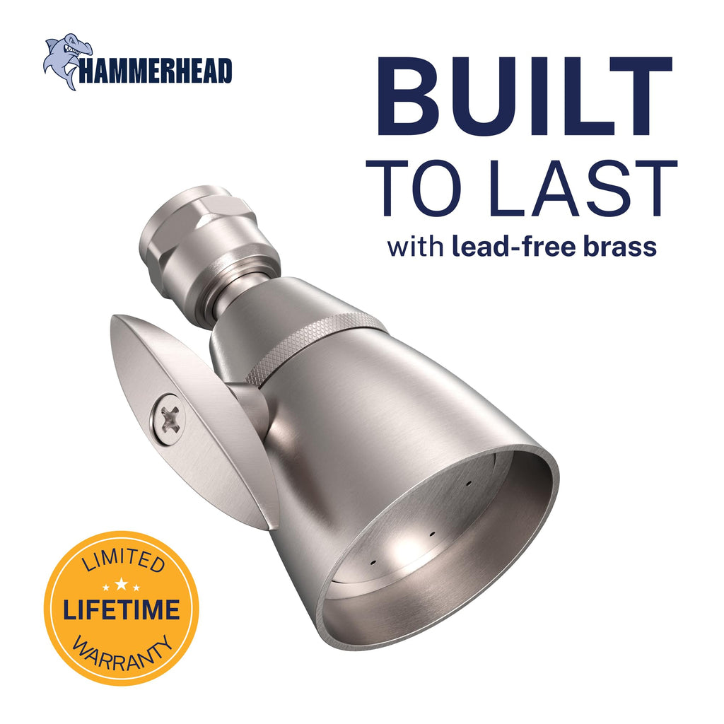 HammerHead Showers® SOLID METAL 2 Inch High Pressure Shower Heads BRUSHED NICKEL – California Compliant 1.75 GPM Low Flow Rate - High Flow Shower Head with ADJUSTABLE SPRAY PATTERN - Fixed Shower Head