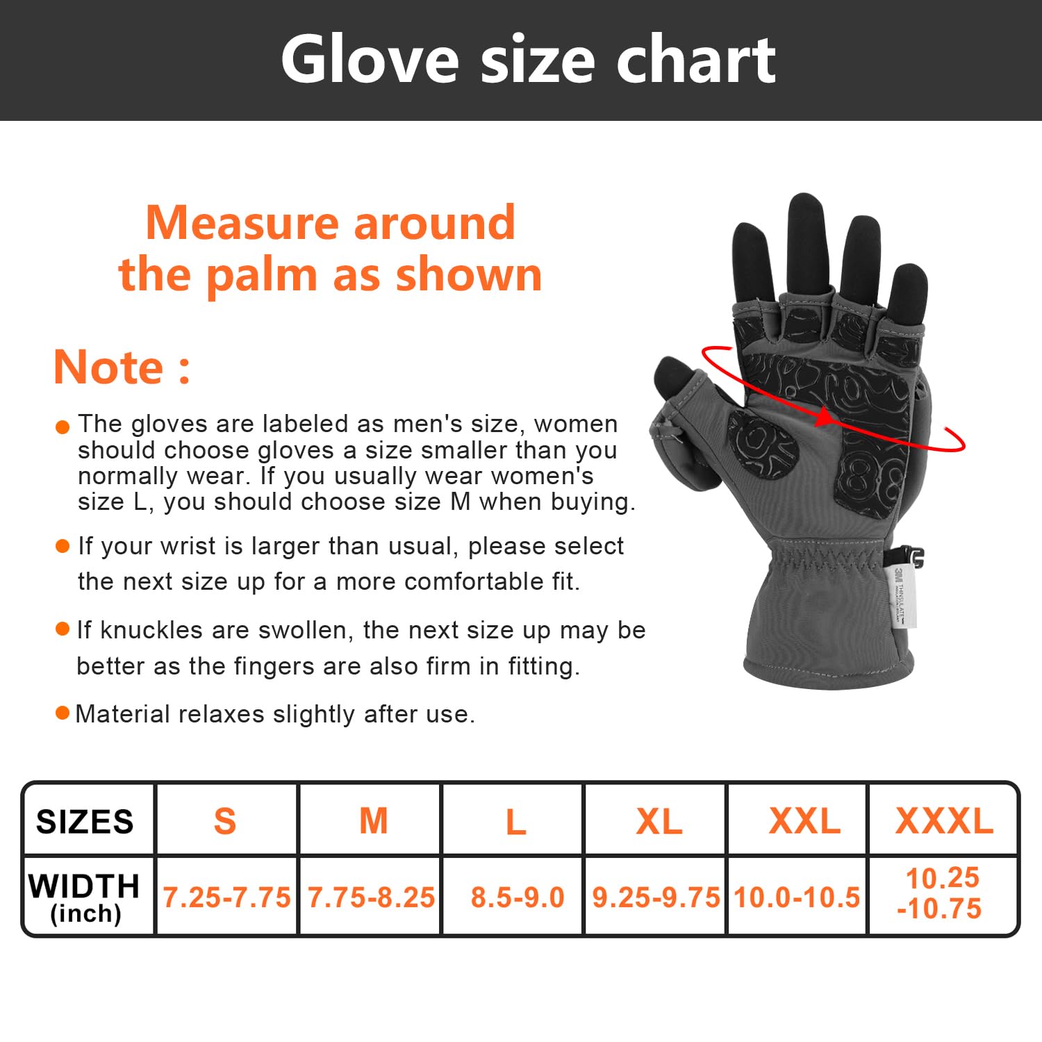 Palmyth Ice Fishing Gloves Convertible Mittens Flip Fingerless Mitt with Thinsulate 3M Warm for Cold Weather and Winter Men Women Photography Running Camera (Gray, X-Large)