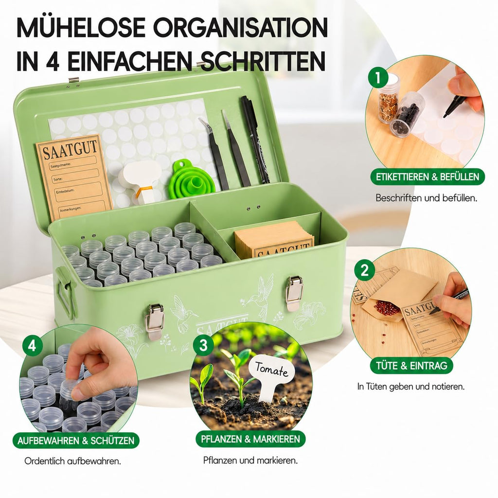 60 Slots Seed Organizer Storage Box with 3 Compartments,Large Metal Garden Seed Organizer with Lid&Safety Locks,Seed Saver Bin 50 Plant Labels 60 Seed Envelopes,Professional All-In-One Seed Saving Kit