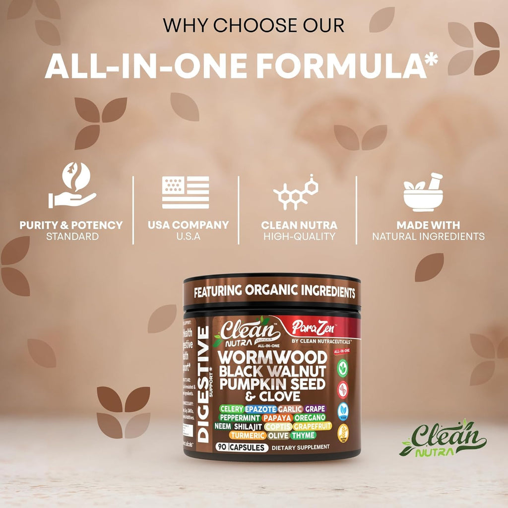Clean Nutra Wormwood Black Walnut Pumpkin Seed Clove Oil Celery Garlic Grape Papaya Neem Diatomaceous Earth Womens Probiotic Gut Health Cleanse Detox Oregano Olive Turmeric Supplement Vegan Capsules
