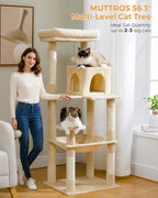 MUTTROS Cat Tree for Large Cats Adult with Metal Plush Big Hammock, 56.3" Cat Tower with 2 Door Condo House, 6-Tier Cat Shelves with Scratching Posts and Large Top Perch, Beige