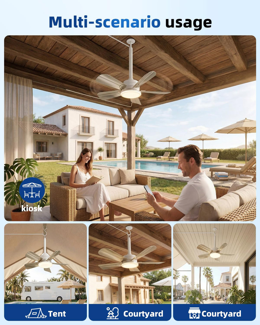 NWOP 20 Inch Plug-In Outdoor Ceiling Fan with Light and Remote, Waterproof Wet Rated Mini Ceiling Fan for Small Spaces, 5 Blade Quiet Compact Ceiling Fan for Patio Balcony Gazebo Porch, Platinum