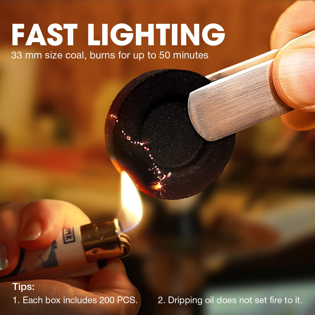 MEKER Quick Light Charcoal Briquettes, Charcoal Disk Lights, 33 mm Nature Coal Disks, Instant Fire Coal Tablet, Charcoal Burner (200Pcs)