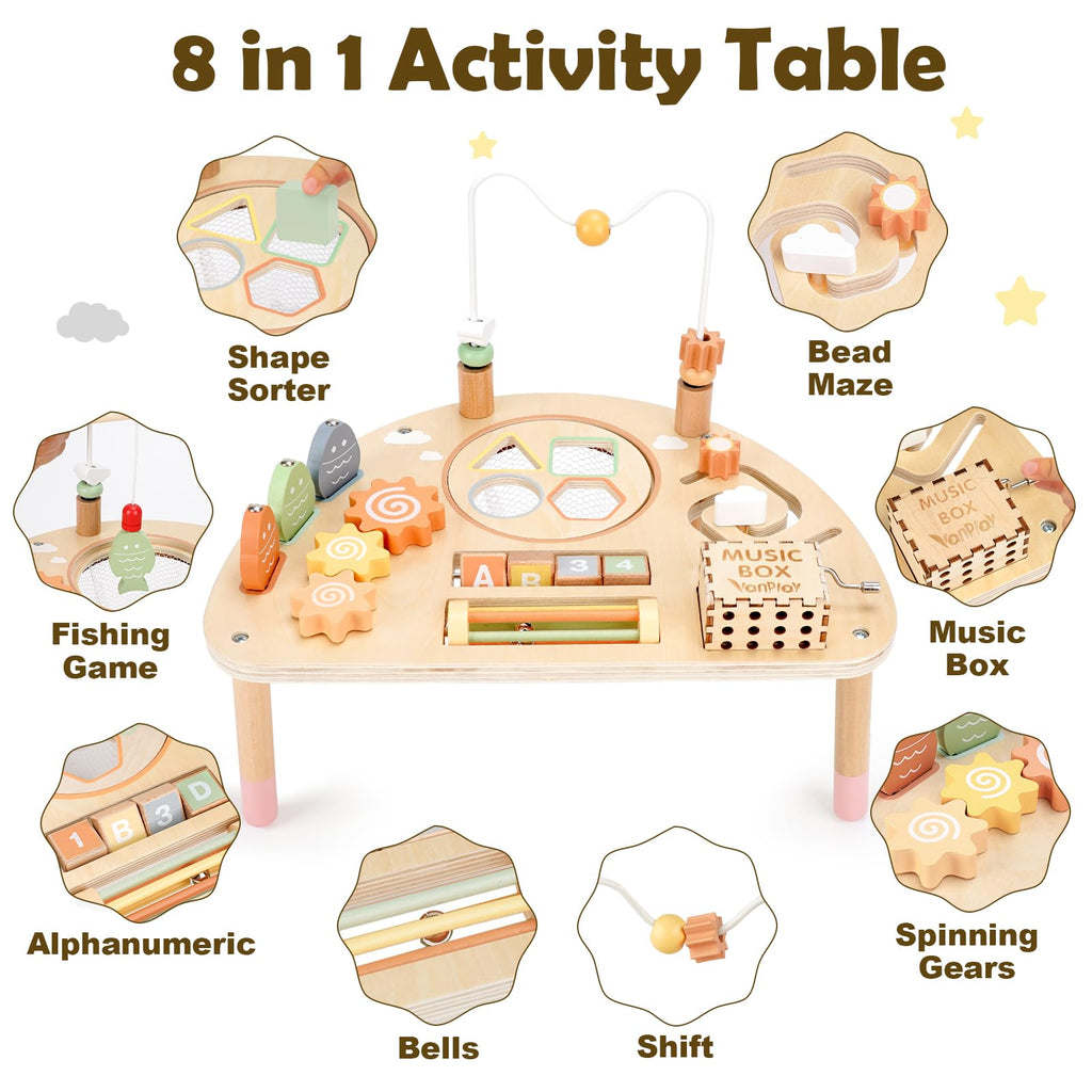 Vanplay 8 in 1 Wooden Activity Table, Montessori Toys for 2 Year Old Gift