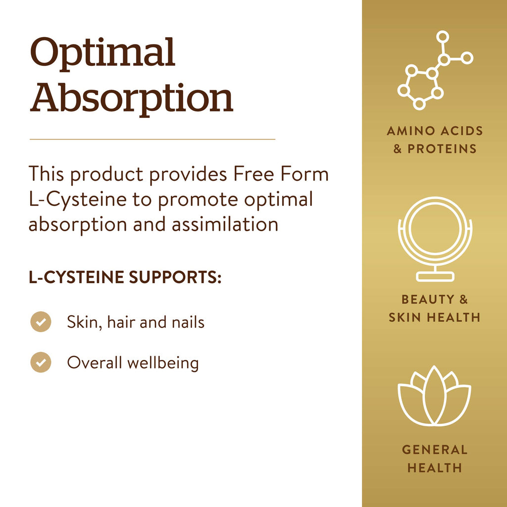 Solgar L-Cysteine 500 mg, 90 Vegetable Capsules - Free Form Amino Acid - Keratin Support for Skin, Hair & Nails - Glutathione Support - Vegan, Gluten Free, Dairy Free, Kosher - 90 Servings