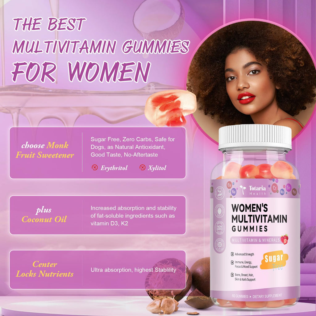 Totaria Sugar Free Multivitamin Gummies for Women 14+ w/Iron, Inositol, Folate, Biotin, Womens Daily Multivitamin Gummy w/Vitamin A, C, B, D3, K2, for Hair, Skin, Energy, Immune, Strawberry Flavor