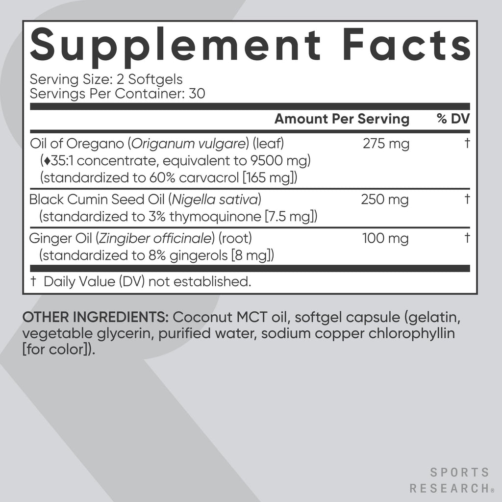 Sports Research® Oil of Oregano 9500mg w/Black Cumin Seed Oil & Ginger Oil - 3-1 Antioxidant Combination Supplement Rich in Thymoquinone & Carvacrol - Gluten Free · Non-GMO - 60 Softgels