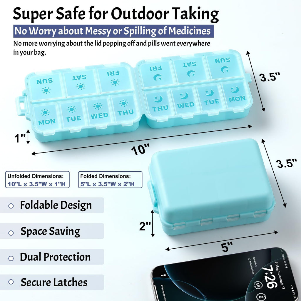 NEW Foldable & Double Protection Portable Weekly Pill Organizer 2 Times A Day with Etched Labels, AM PM 7 Day Week Medicine Box, Daily Travel Pill Case Dispenser for Vitamin, Supplement - Sky Blue