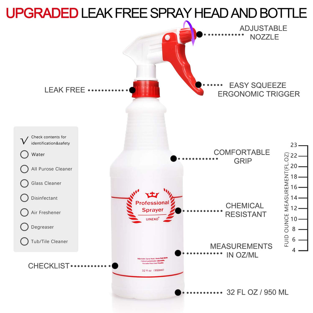 Plastic Spray Bottles 2 Pack, 32 Oz, Heavy Duty Sprayer, All-Purpose, Red