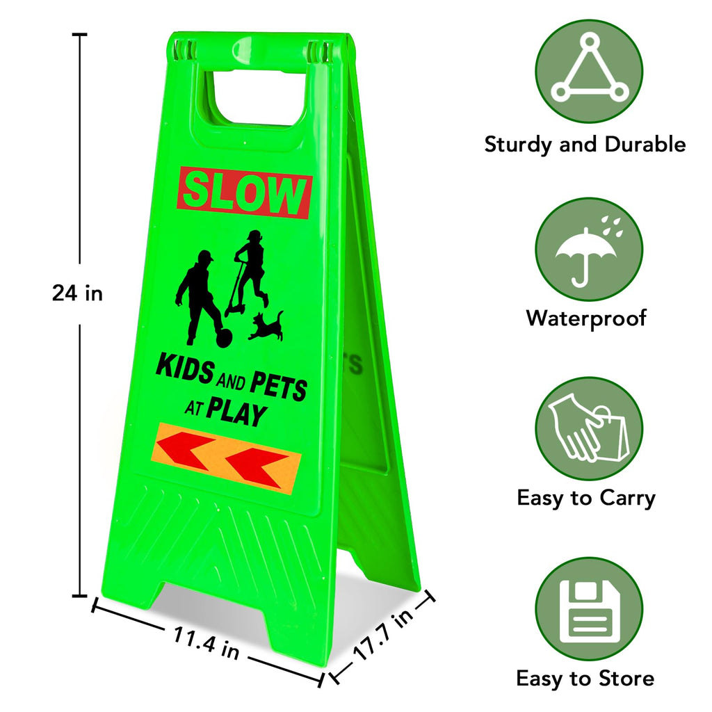 XPCARE 24 Inches Kids Playing Sign for Street, 4PACK Green Children at Play Safety Sign with Reflective Tapes,Caution Slow Down for Street,Kids and Pets at Play Warning Sign