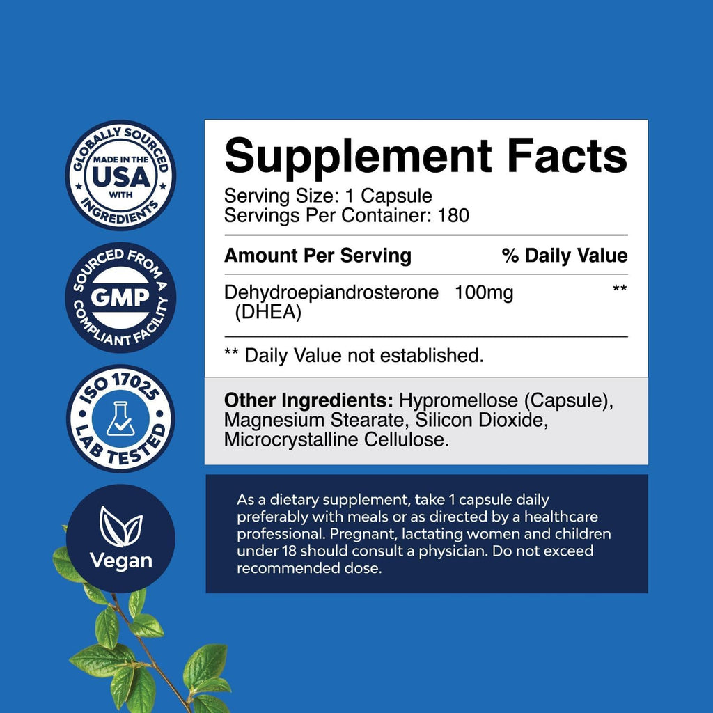 DHEA Supplement for Women & Men - DHEA 100mg per Serving Capsules for Hormone Balance - Promotes Mood Stability Healthy Brain Function & Energy - Dehydroepiandrosterone Capsules - 180 Count