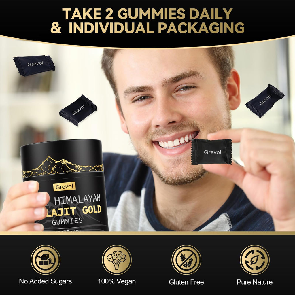 Grevol Himalayan Shilajit Gummies: Gold Grade Shilajit Riched with Ashwagandha Fulvic Acid & 85+ Trace Minerals - No Added Sugar - Individually Wrapped - for Men & Women - 60 Gummy
