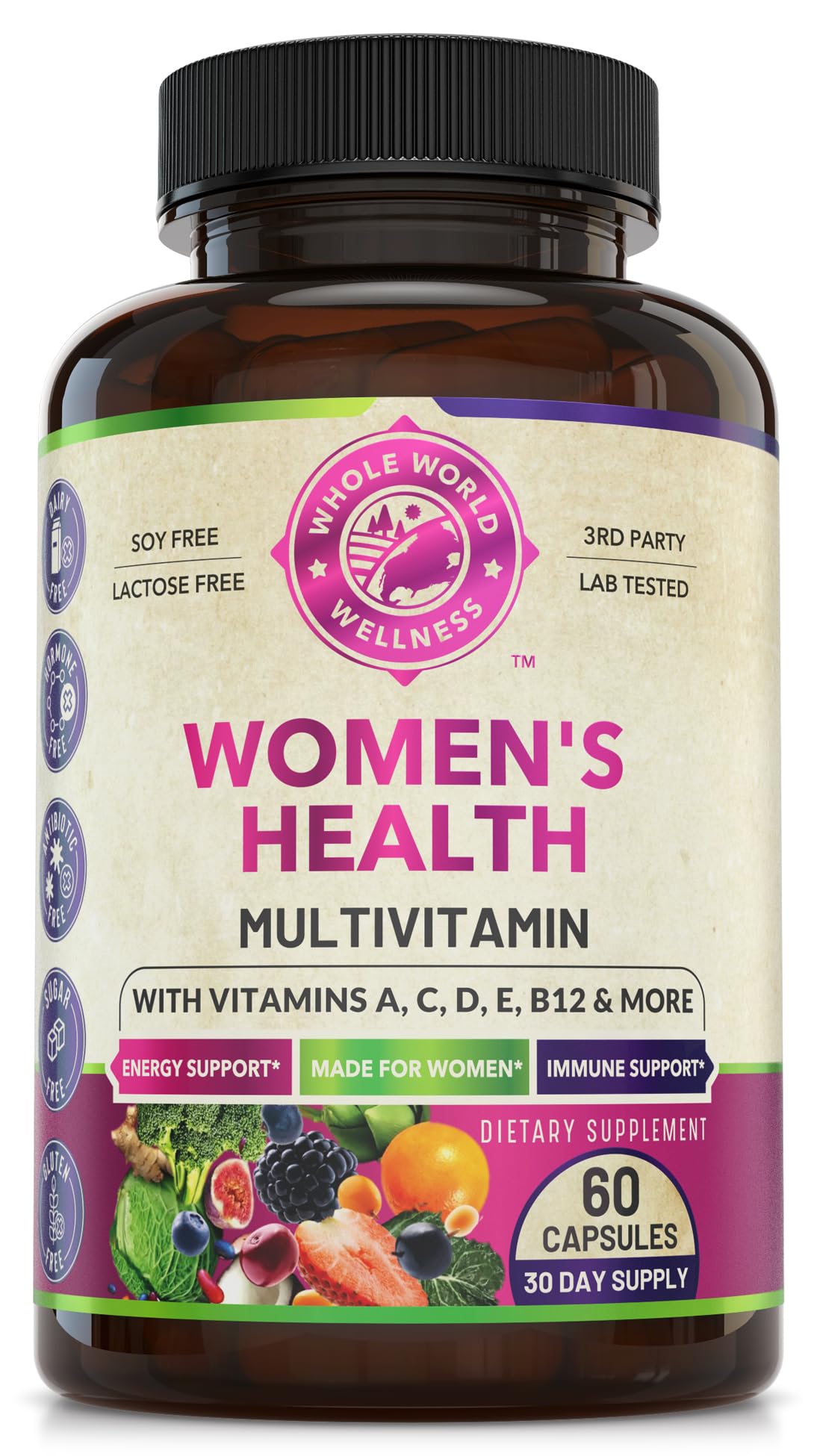WHOLE WORLD WELLNESS Womens Daily Multivitamin Multimineral Supplement for Energy, Mood, Focus, Hair, Skin & Nails. Made for Women with 30+ Nutrients, Fruit & Energy Blend. Womens Vitamins, USA Made.