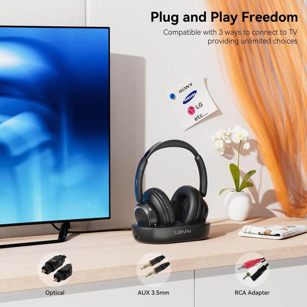 LEVN Wireless Headphones for TV Watching, TV Headphones Wireless for Seniors with Transmitter Charging Base, Hearing-impaired, No Audio Delay Blutooth 5.2, Plug and Play, Gifts for Elderly