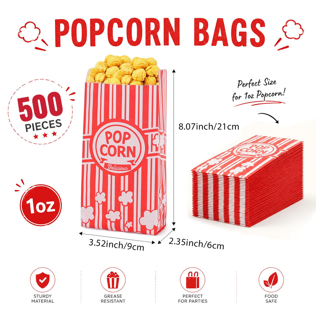 Paper Popcorn Bags,500 Pack 1oz Popcorn Bags Individual Servings, Popcorn Bag Bulk for Popcorn Machine,Movie Nights Pop Corn Bags