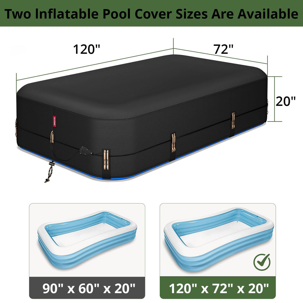 QH.HOME 120"x72" Rectangular Pool Cover for Inflatable Pool,Fits Blow Up Pool Size 10' x 6', Blocks Leaves & Sun, Windproof Snug Fit with Patented Ratchet & Weight Rings to Prevent Slipping