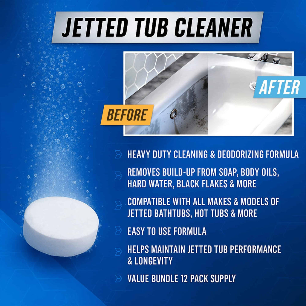 Jetted Tub Cleaner Bathtub Tabs - 12 ACTIVE Cleaning Tablets, Compatible with Whirlpool & Spa Bath System, Jets, Whirl Tubs, Professional Septic Safe Bath Jet Scale and Residue Remover - 1 Year Supply