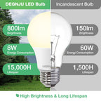 DEGNJU A19 LED Light Bulbs, 60 Watt Equivalent LED Bulbs, Soft White 2700K, 800 Lumens, E26 Standard Base, Non-Dimmable, 8W Warm White LED Bulbs for Bedroom Living Room, 6 Pack