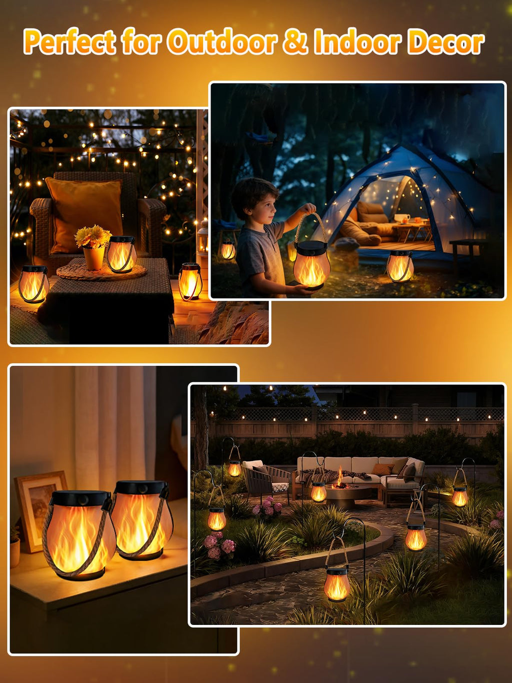 1 Pack Solar Lights Outdoor Waterproof, Solar Lantern with Dancing Flame, 2 Lighting Modes, Dual Charging USB & Solar Powered, with Hanging Rope Handle for Patio Yard Garden Tree Tabletop Decor