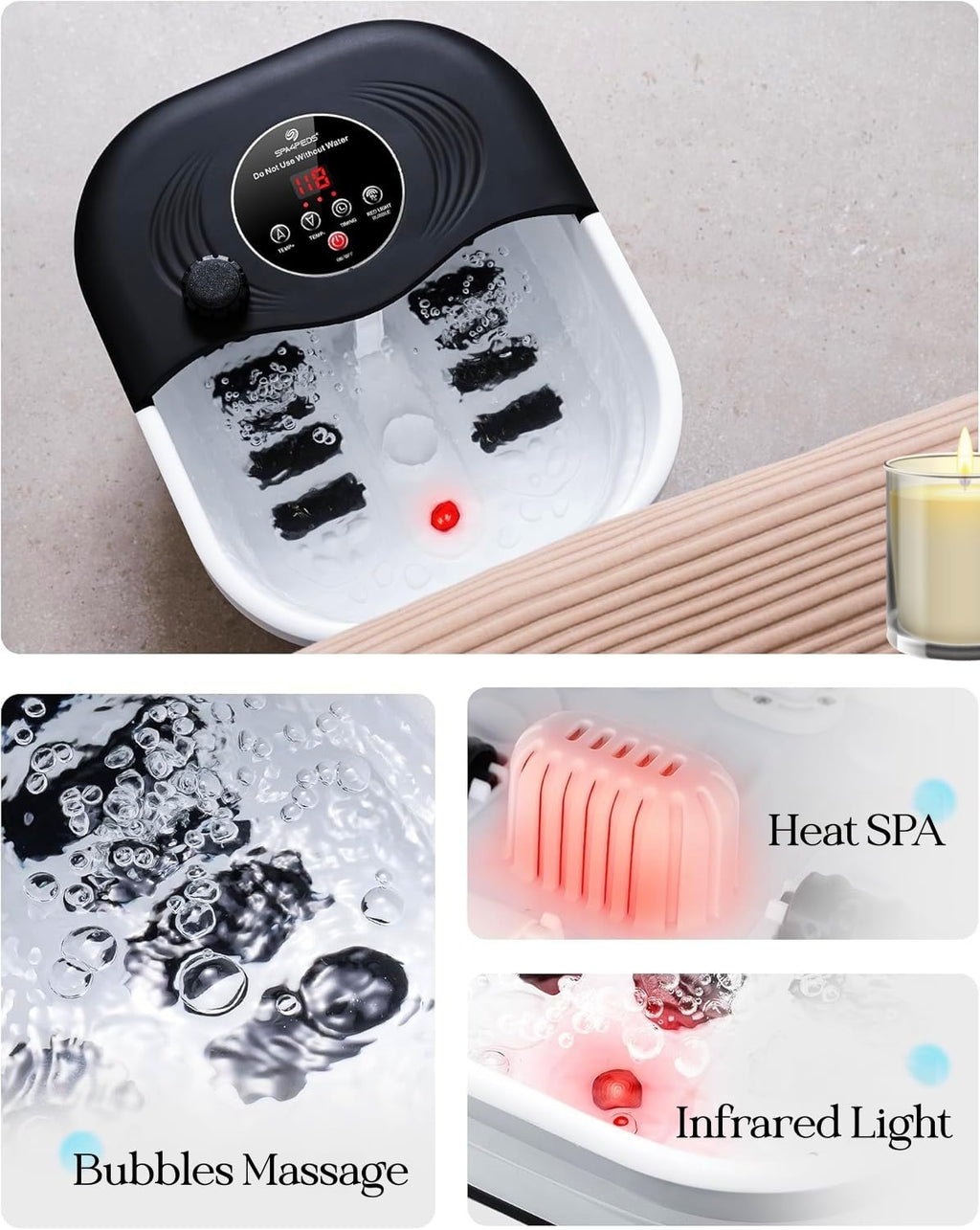 SPA4PIEDS Collapsible Heated Foot Spa Bath with Bubble, Foot Soaking Tub Featuring 8 Shiatsu Rollers, Pumice Stone and Built-in Timer for Mom, Dad and Foot Relaxation (Black)
