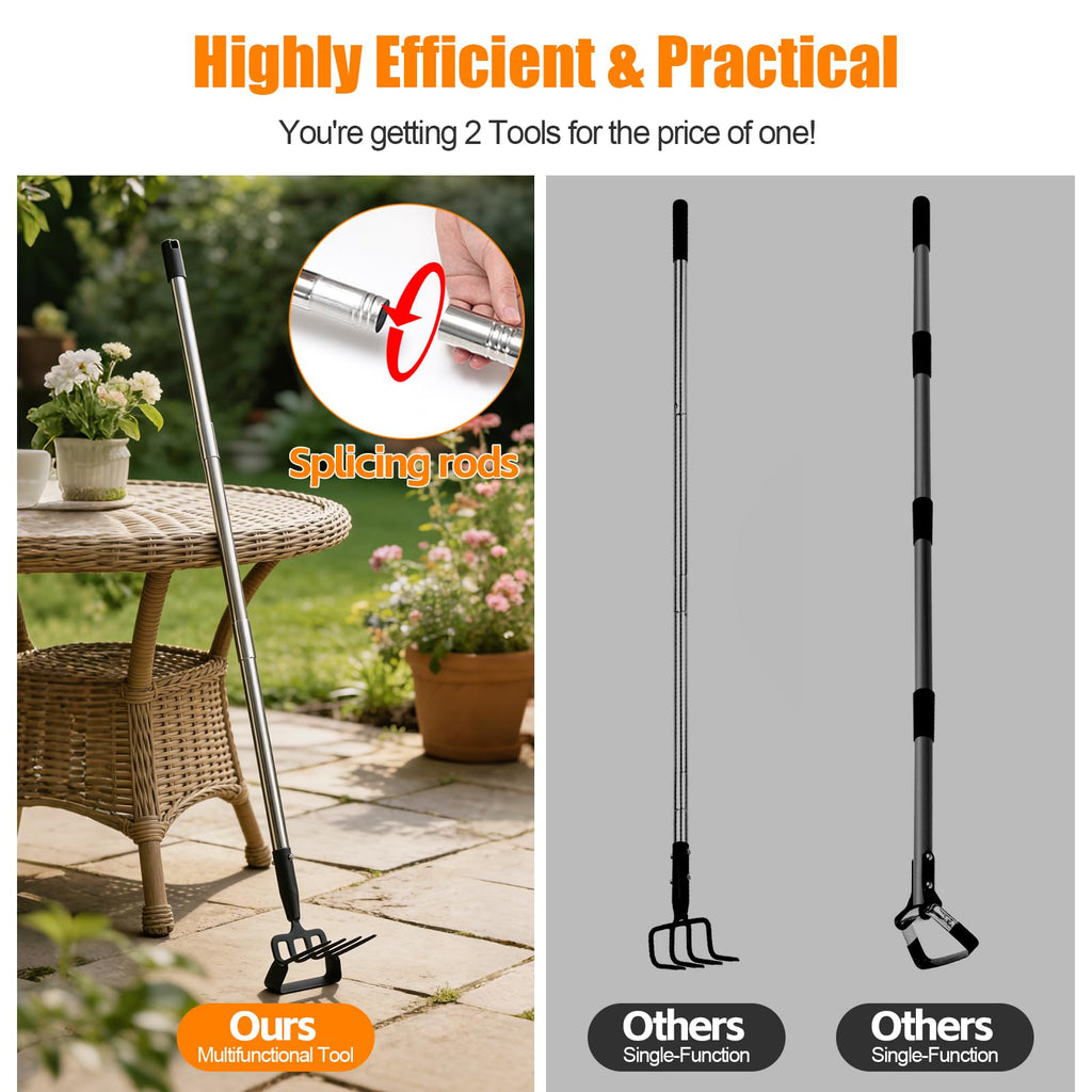 2-in-1 Heavy Duty Garden Hoe with 60" Adjustable Handle, Stirrup Hoe & Cultivator Weeding Rake - Lightweight Gardening Tool for Fast Weed Removal, Cultivating & Loosening Soil, Stainless Steel