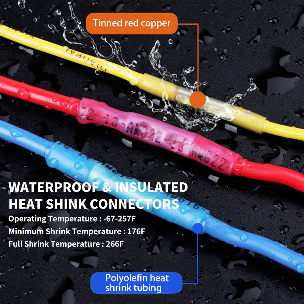 Heat Shrink Butt Wire Connectors, 200 Pcs Red 22-16 AWG Insulated Waterproof Electrical Wire Connectors Automotive Marine Wire Crimp Terminals Butt Splices for Boat, Car