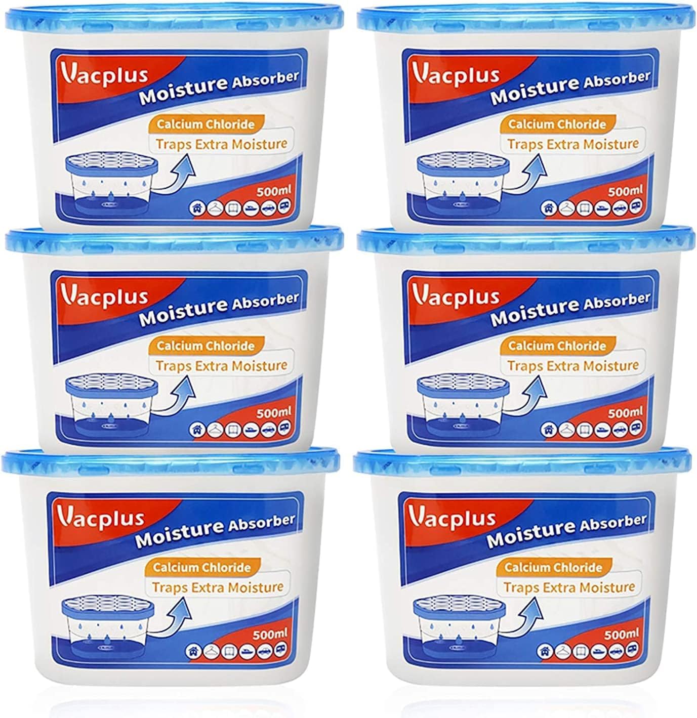 Vacplus Moisture Absorbers - Dehumidifiers for Closet, Efficient Humidity Absorber Boxes Collect Excess Moisture for Bathroom, Kitchen, Study, Fragrance-Free, 6 Pack