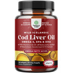 Icelandic Wild Caught Cod Liver Oil Softgels - Fish Omega 3, EPA, DHA, Vitamin D & A, 1000mg Per Serving - Burpless Capsules for Heart, Joint, Brain & Immune Support - 100 Count