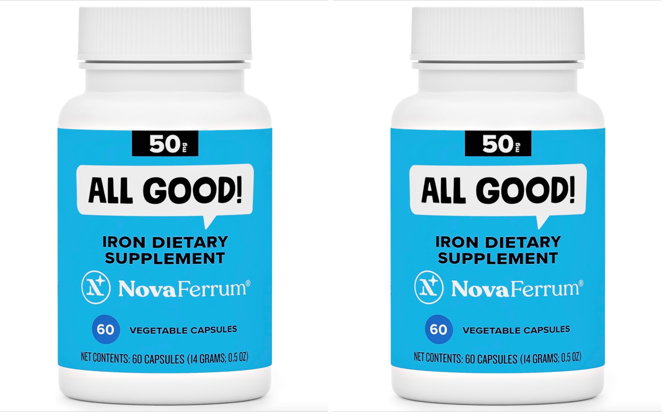 NovaFerrum All Good | Iron Capsule Supplements for Adults | Anemia | 50mg of Iron | 60 Servings | Sugar Free | Vegan | Gluten Free (Pack of 2)