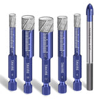 6-Piece Dry Diamond Drill Bit Set for Porcelain,Tile,Ceramic,Pot,Glass,Granite,Concrete,Masonry,Stone,Hard Materials, Hex Shank Tile Drill Bits 1/4",5/16",3/8",1/2", Ti&Tungsten Carbide Bit 1/4"