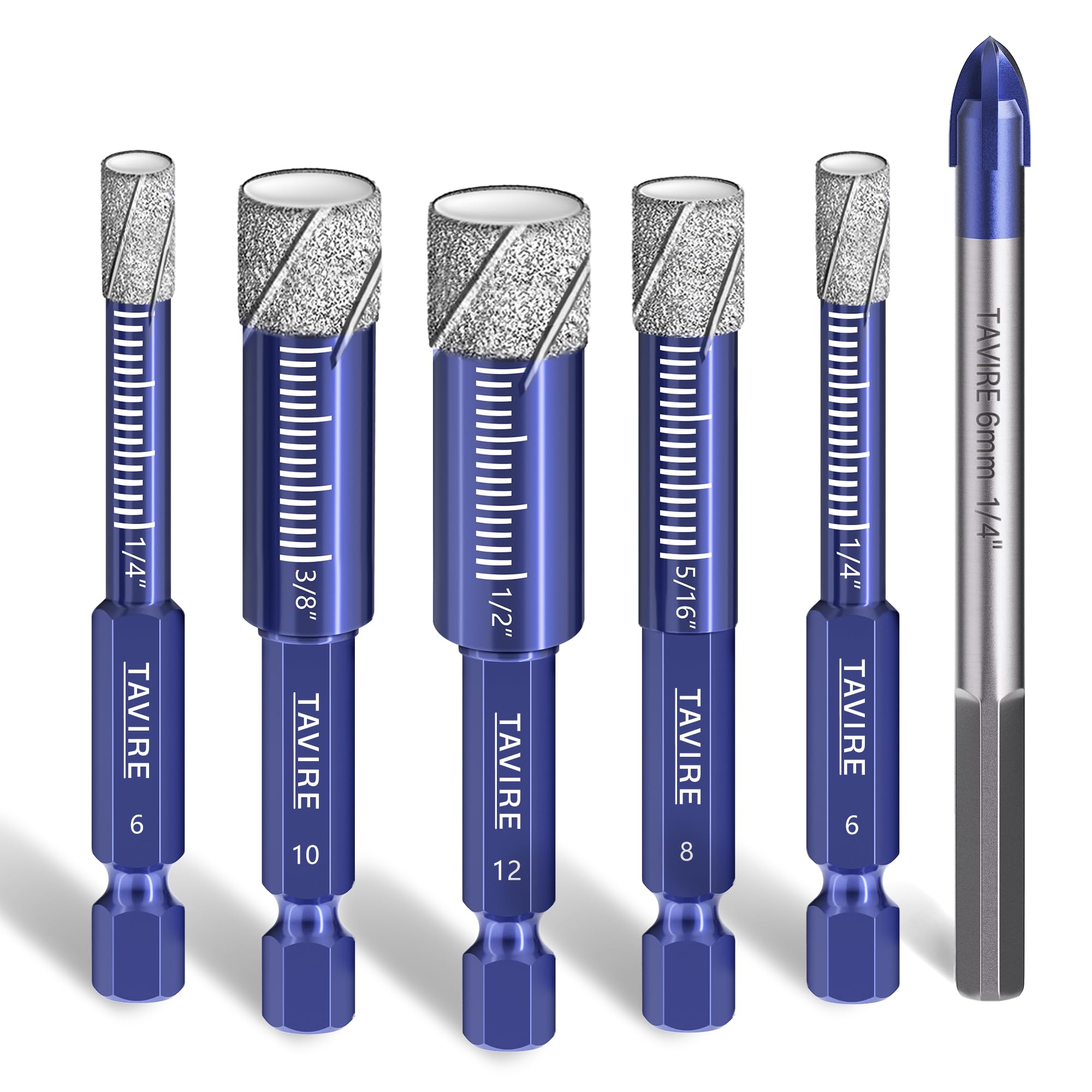 6-Piece Dry Diamond Drill Bit Set for Porcelain,Tile,Ceramic,Pot,Glass,Granite,Concrete,Masonry,Stone,Hard Materials, Hex Shank Tile Drill Bits 1/4",5/16",3/8",1/2", Ti&Tungsten Carbide Bit 1/4"