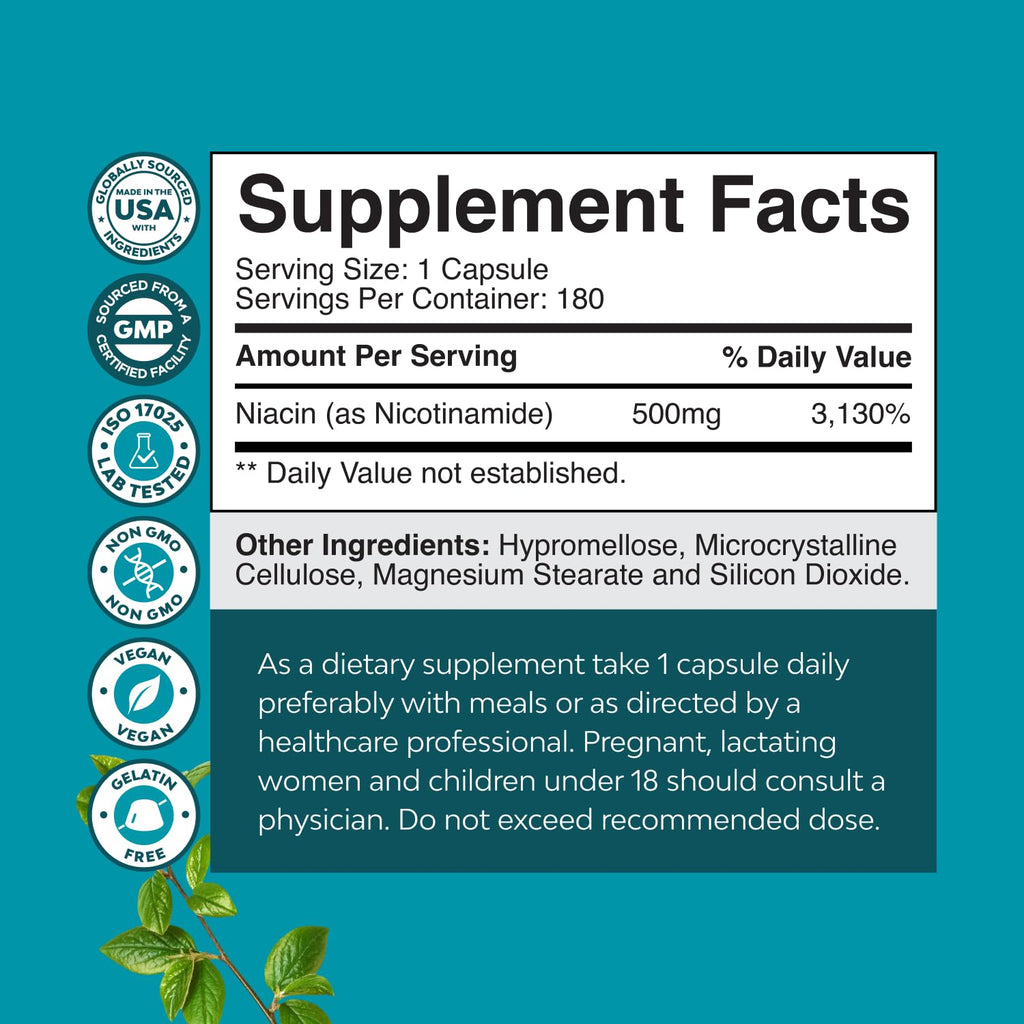Vitamin B3 Niacinamide 500mg Capsules - Mitochondrial Energy and Potent Skin Supplement - AKA Vitamin B3 Niacin Flush Free and Nicotinamide 500mg - Flush Free Niacin Supplement - 180 Count
