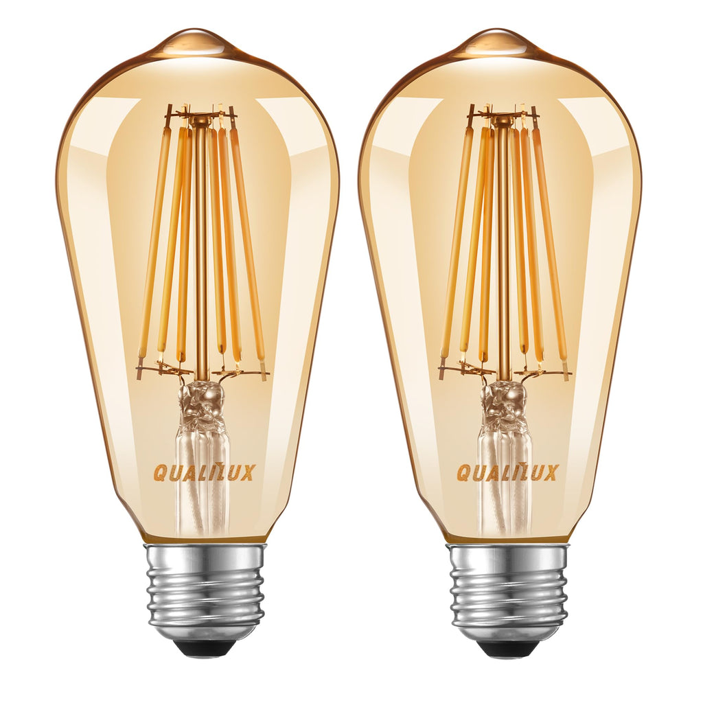 Qualilux Dusk to Dawn ST19 LED Edison Light Bulbs, Vintage Amber Glass, 2300K Amber Warm, 6.5W=60W, Non-Dimmable Auto On/Off Light Sensing LED Filament Bulb Outdoor, 700LM, E26, 2-Pack, HQ-H027