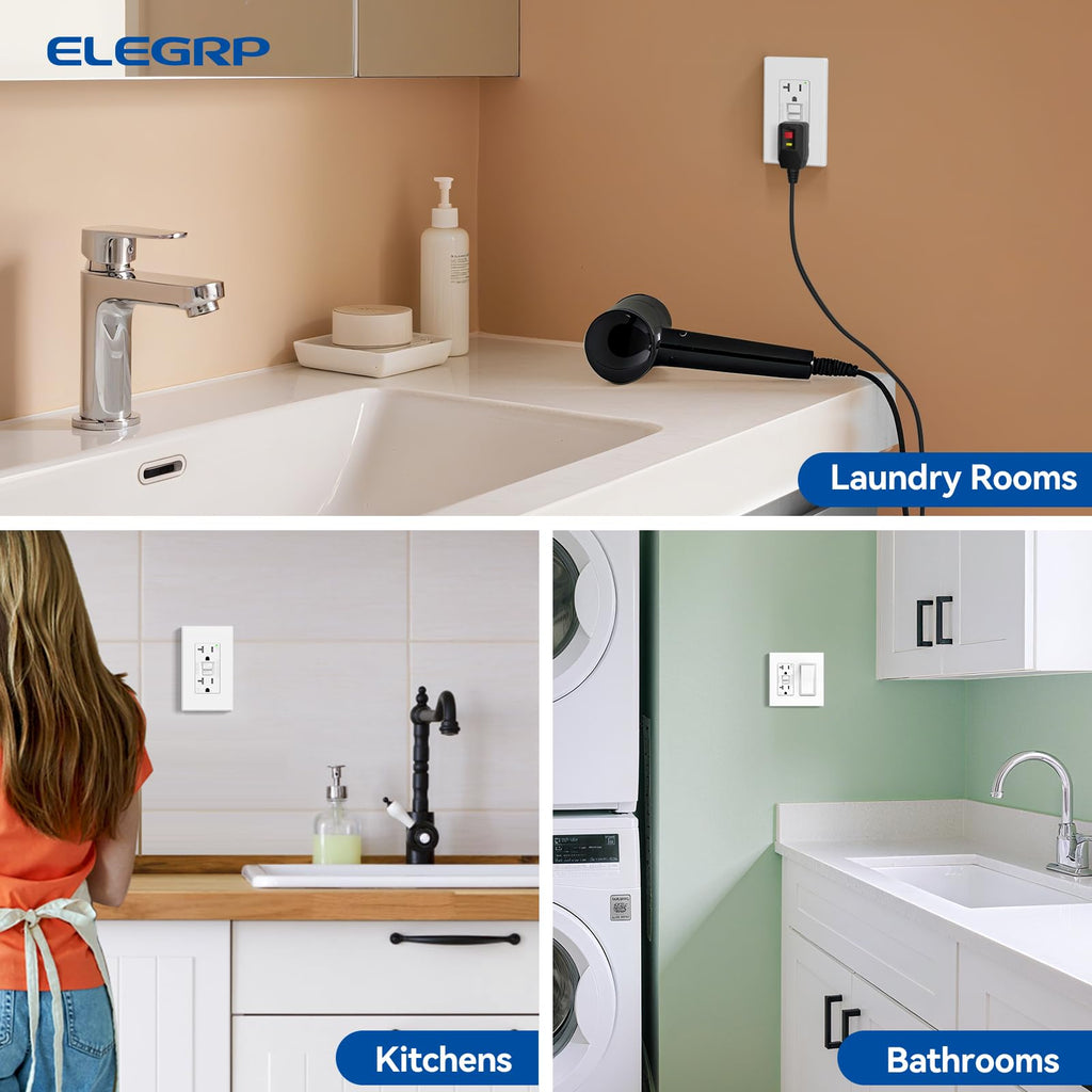 ELEGRP GFCI Outlet 20 Amp, Self-Test GFI Electrical Outlet with Thinner Design, TR Tamper Resistant GFCI Receptacle, Ground Fault Circuit Interrupters with Wall Plate, UL Listed, Matte White, 2 Pack