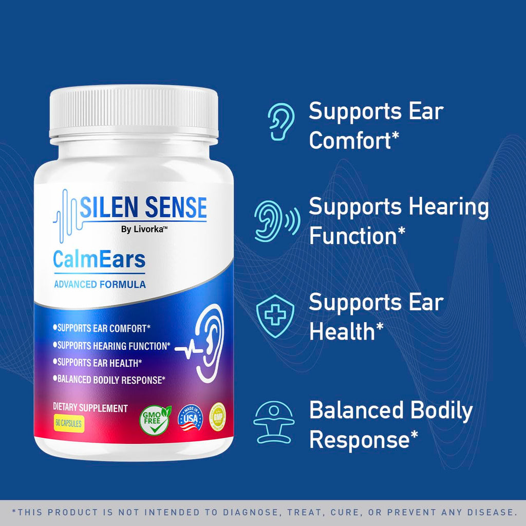Silen Sense Calm Ears - Official Silen Sense CalmEars Advanced Formula Capsules Ear Health Support, SilenSense Pills Premium Natural Vitamins for Overall & Wellness, 60 Capsules for 1 Month