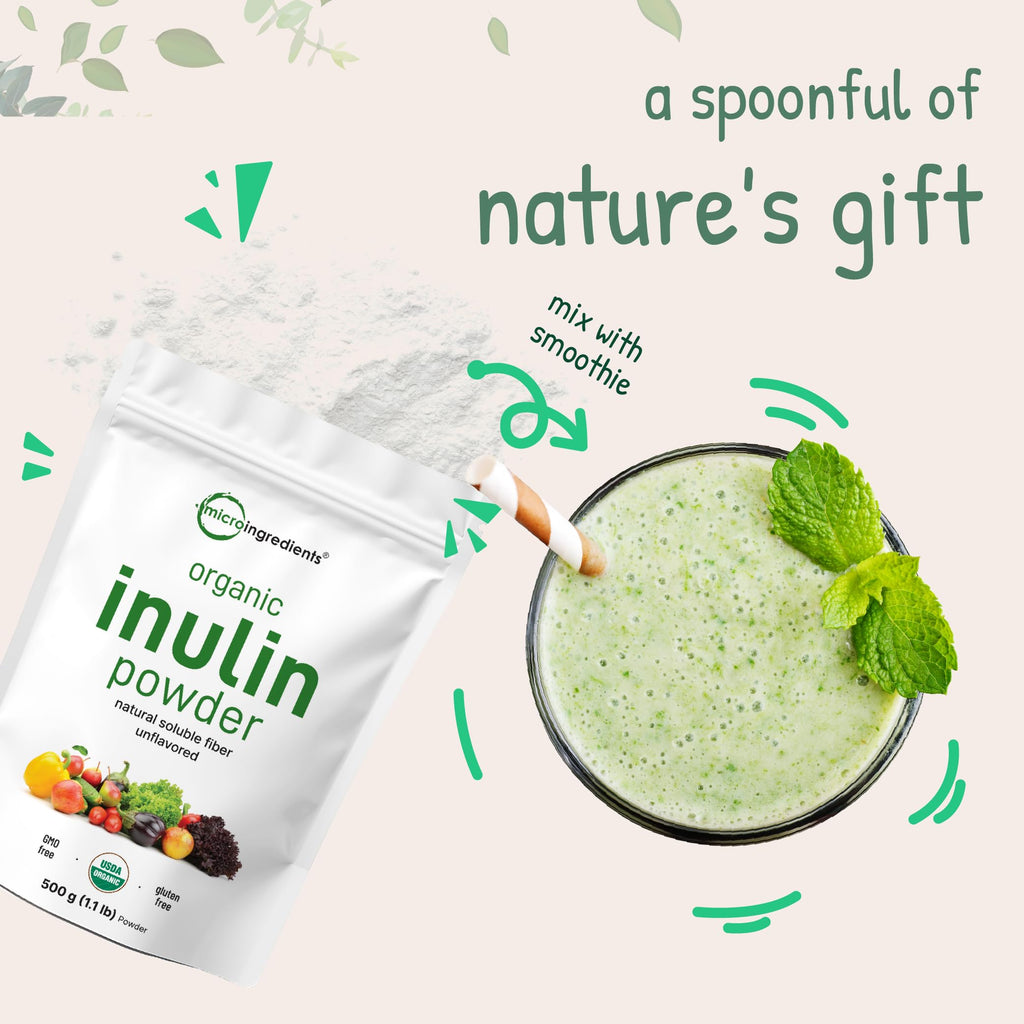 Micro Ingredients Organic Inulin FOS Fiber Powder, 1.1 lb | Quick Water-Soluble Prebiotic | Natural Unflavored Fiber for Yogurt, Smoothies, & Drinks | Vegan Friendly, Dissolves Clear, Non-GMO