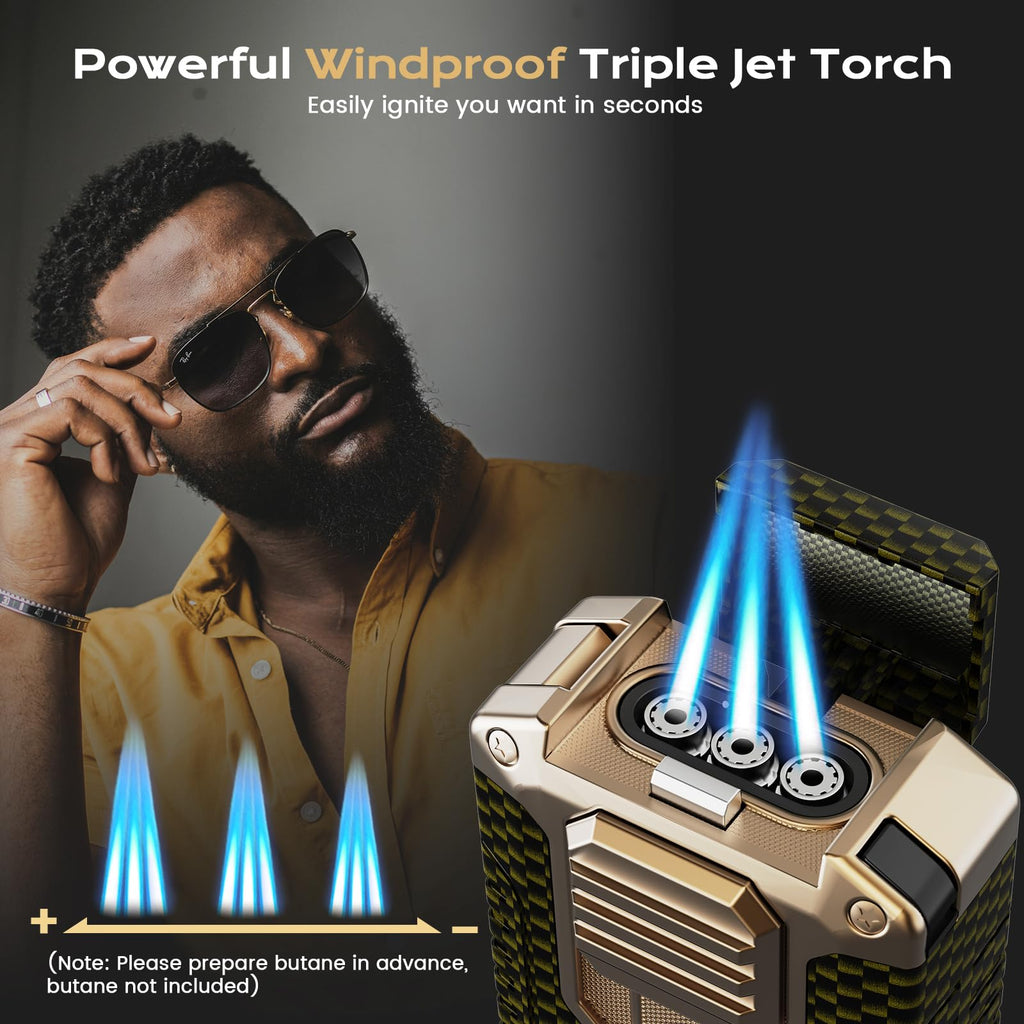 5-in-1 Torch Lighter with Cutter, Punch, Holder, Draw Enhancer, and Triple Windproof Jet Flames, Refillable Butane Lighters with Gift Box, Multi-Function Lighter Accessories, Cool Lighters for Men
