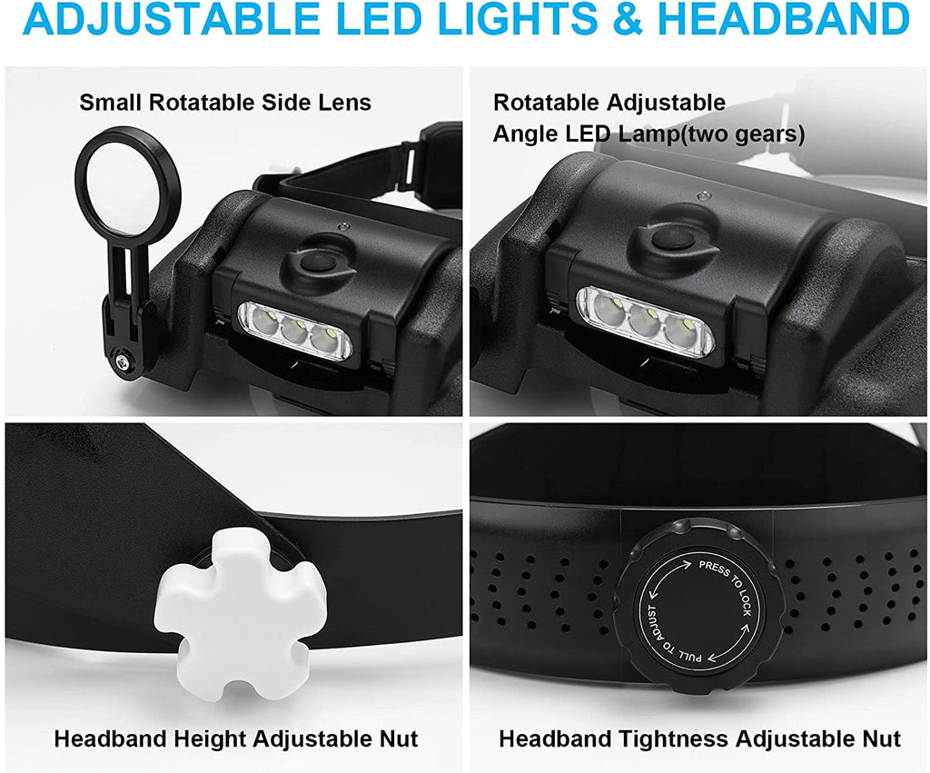 Dilzekui Magnifying Glass with Light 1X to 14X, Rechargeable Magnifying Glasses, Head Mount Manifying Glass, Headset Magnifier with Detachable Lens, Headband Magnifier for Close Work Jewelers Crafts
