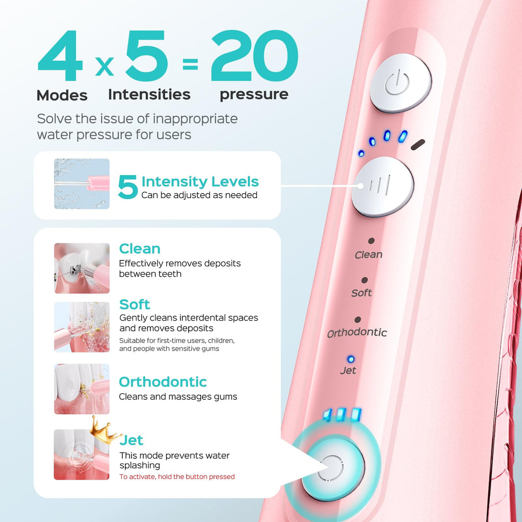 COSLUS C50 Portable Water Flosser for Teeth: 4 Modes & 5 Intensity Levels Professional Electric Dental Pick for Sensitive Gums, Braces & Orthodontic - Cordless for Travel Use, BPA-Free, ADA Accepted