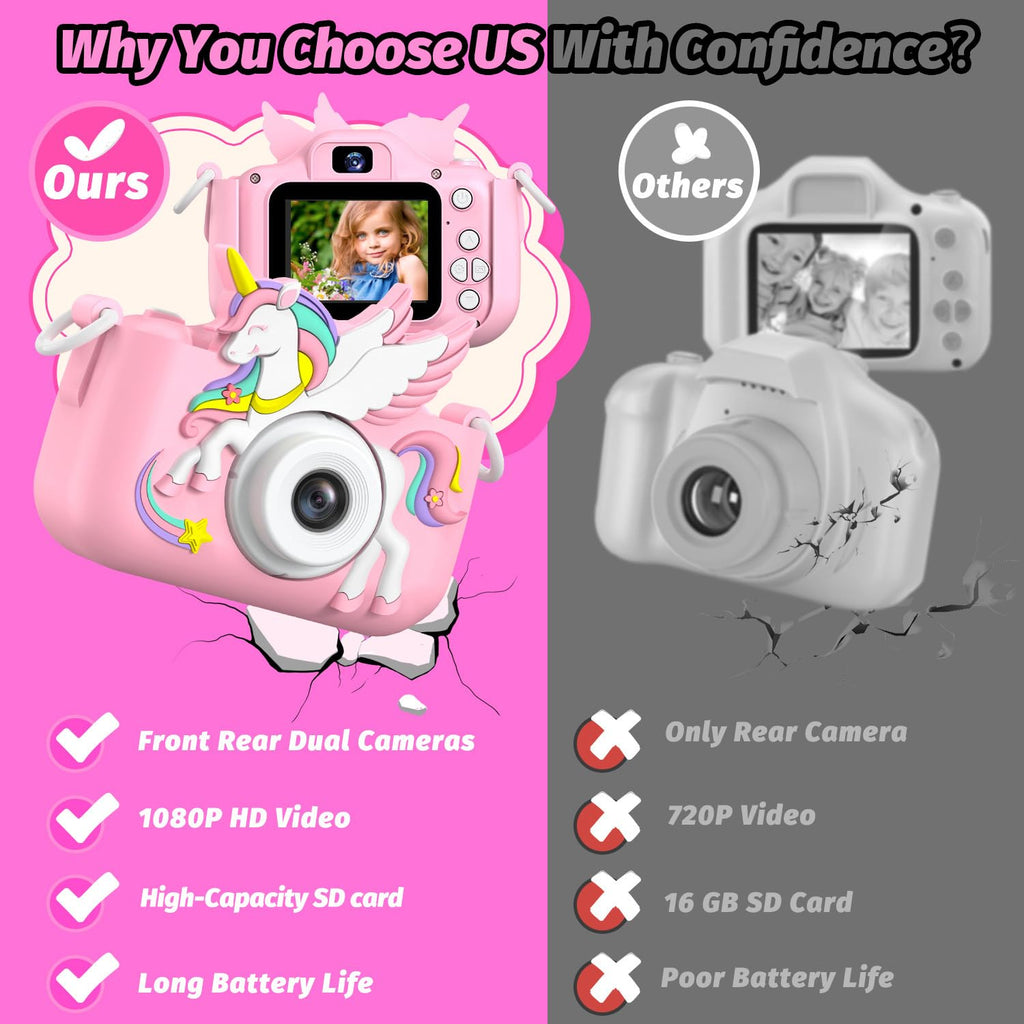 Upgrade Kids Camera for Boys Girls, Toddler Digital Selfie Camera with Cute Protective Cover and SD Card, Christmas Birthday Gifts Toys for 3 4 5 6 7 8 9 10 11 12 Years Old Little Girls and Boys