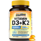 Vitalibre Vitamin D3 K2 Supplement, 10000 IU D3 / 200 mcg K2 MK7, Calcium Absorption, Bone, Heart, Immune & Mood Support, Enhanced Absorption, No Soy, Easy to Swallow, 180 Softgels