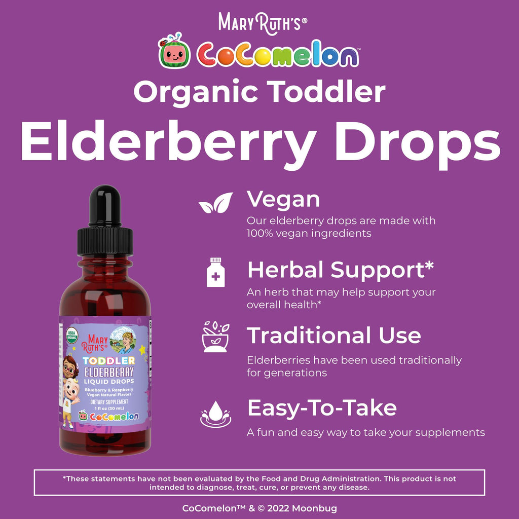 MARYRUTH'S Cocomelon Toddler Elderberry Syrup, USDA Organic Elderberry, Sugar Free Kids Immune Support Supplement for Ages 1-3 Years, Clean Label Project Verified®, Vegan, Gluten Free, 1 Fl Oz