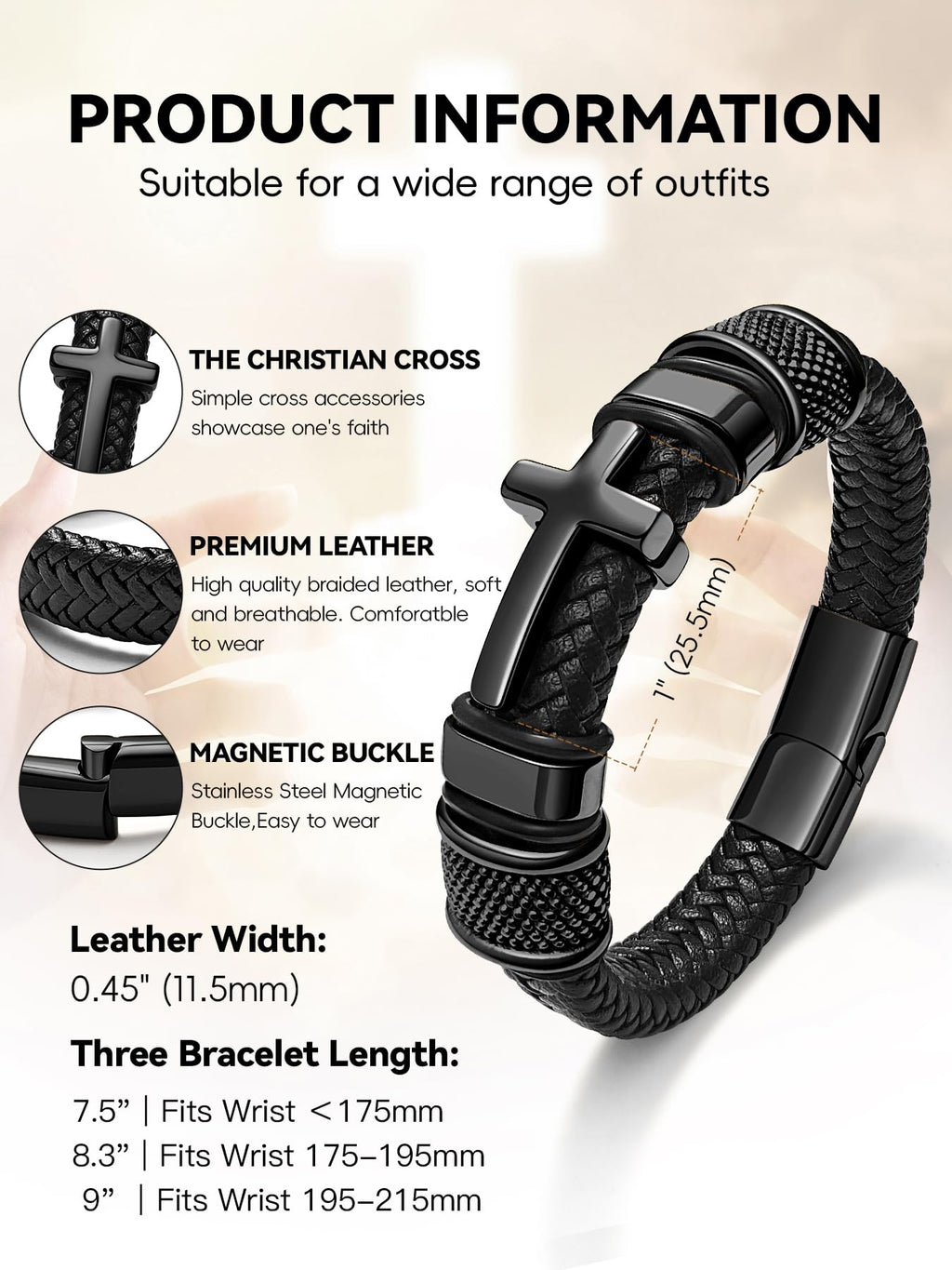 Oaldilee Black Cross Cuff Bracelet for Men, Stainless Steel Braided Leather Bible Verse Jesus Bracelet, Inspirational Faith Gift for Dad Brother Son Religious Baptism Confirmation Gifts, 9 Inches