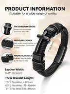 Oaldilee Black Cross Cuff Bracelet for Men, Stainless Steel Braided Leather Bible Verse Jesus Bracelet, Inspirational Faith Gift for Dad Brother Son Religious Baptism Confirmation Gifts, 9 Inches