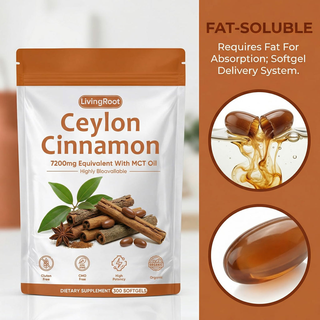 SCEZROB Living Root Ceylon Cinnamon - 300 Softgels 7200mg Equivalent with MCT Oil, Livingroot Organic Ceylon Cinnamon Powder Supplement for Supports Metabolism, Liver Function & Energy (1)