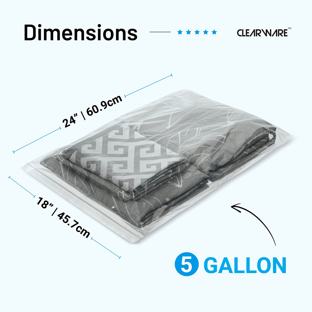 Clearware 50 Large Storage Bags With Zipper Top - 5 Gallon Bags 18" x 24", Extra Plastic for Clothes, Travel, Moving, Reusable freezer bags, BPA-Free, 2-mil Thick